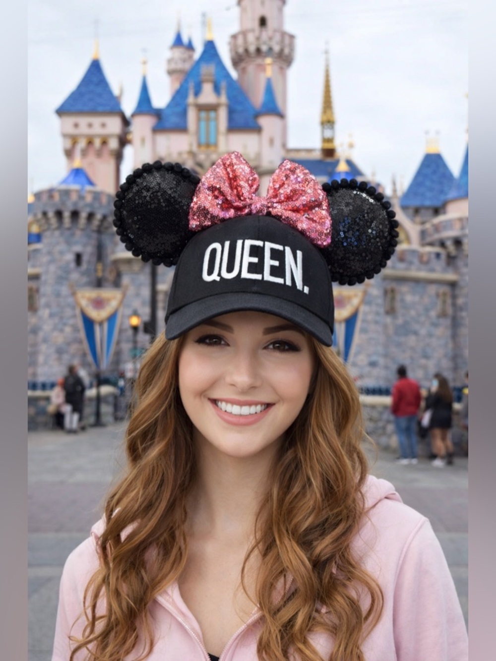 Handcrafted Minnie Baseball Cap with Sequin Minnie Ears and Pink Sequin Bow